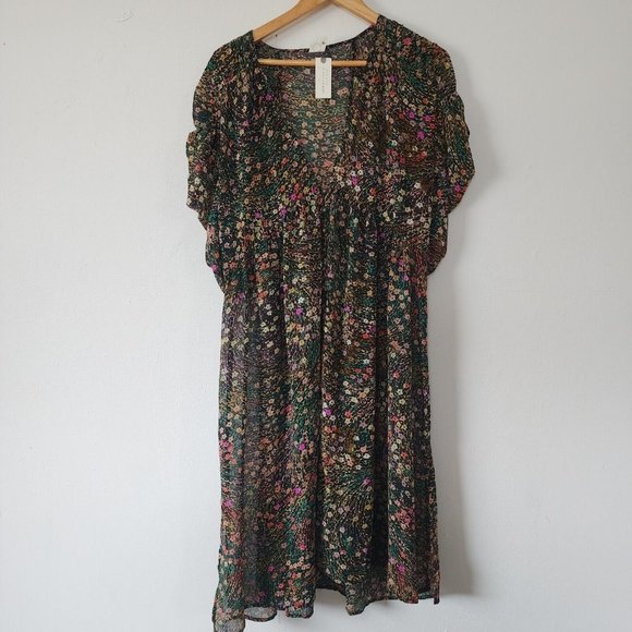 Akimi Kin Anthropologie Sheer Floral Dress NWT Large Black - Picture 1 of 8